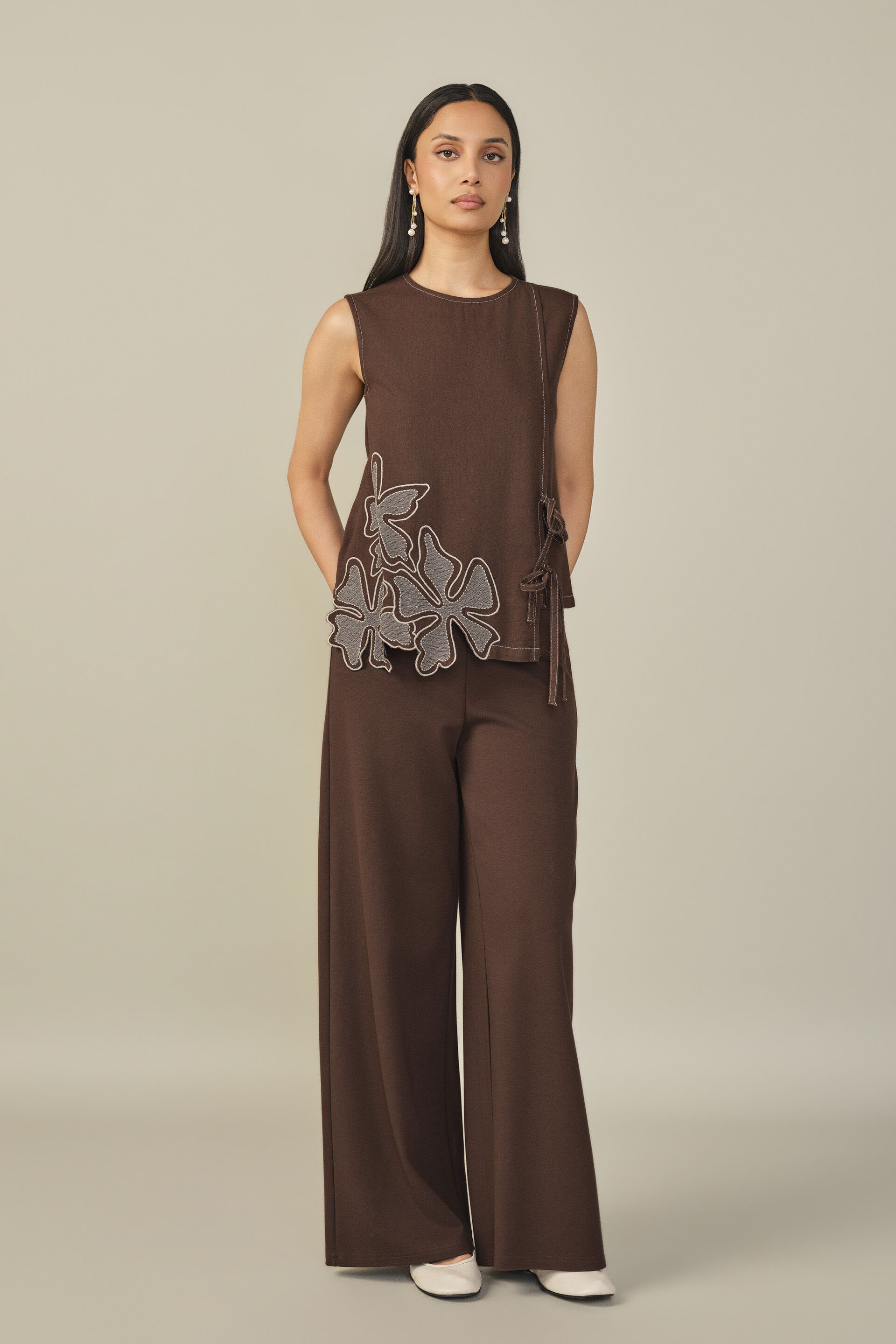 Floral Embroidered Tie-up Top in Brown, Brown, image 5